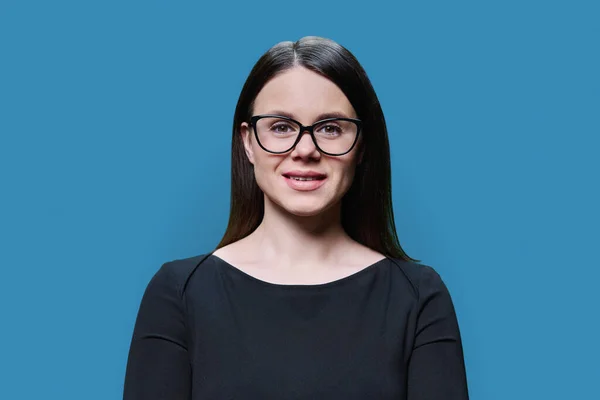 Close Headshot Portrait Young Woman Black Trendy Glasses Posing Blue — Stock Photo, Image