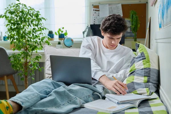 十几岁的男孩躺在家里的沙发学生使用笔记本电脑课本 英俊的男性少年大学 高中生在网上远程学习 青年概念 — 图库照片