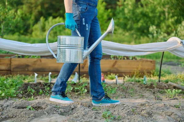 Spring Work Garden Woman Walking Watering Can Background Beds Greenhouses — Stock Photo, Image