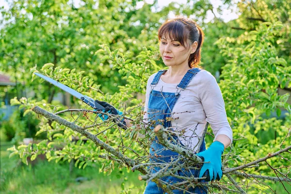Vrouwelijke Tuinier Met Handzaag Droge Takken Lentetuin Verwijdering Van Zieke — Stockfoto