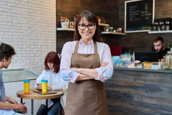 Portrait Confident Smiling Middle Aged Woman Coffee Shop Owner Female — Stock Photo, Image
