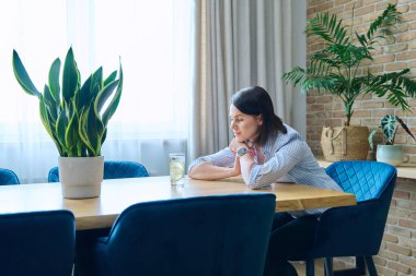 Genç ve çekici bir kadın oturma odasında oturmuş, elinde bir bardak limon dilimli tatlı suyla. Sağlık, güzellik, gençlik, yaşam tarzı, diyet, gıda kavramı