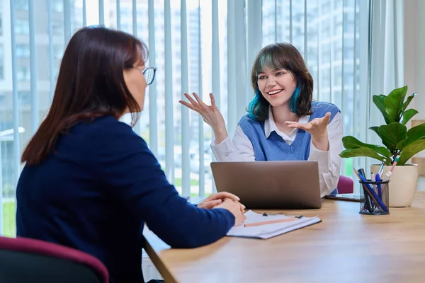 Middle Aged Woman Teacher Mentor Talking Helping Testing Female Teenage — Stock Photo, Image