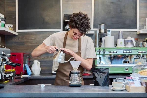Portrait Young Guy Barista Counter Coffee Shop Handsome Curly Haired — Stock Photo, Image