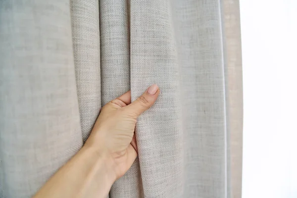Light Beige Sand Linen Natural Curtains Window Close Hand Touching — Stock Photo, Image