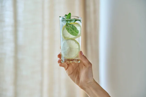 Охладный Свежий Напиток Газированная Вода Льдом Лимонной Мяты Листья Женской — стоковое фото