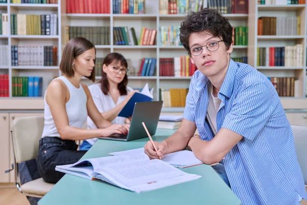 Portrait Student Guy Desk College Library Female Student Together Teacher — Stock Photo, Image