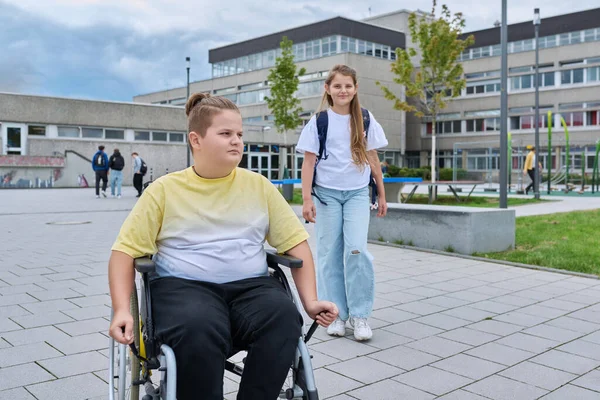 Kinder Gehen Zur Schule Junge Jahre Alt Rollstuhl Aus Nächster — Stockfoto