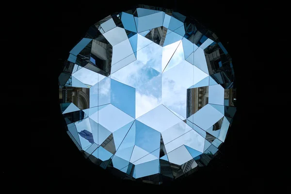 Abstract modern round black blue urban picture, sky mirror architecture, copy space