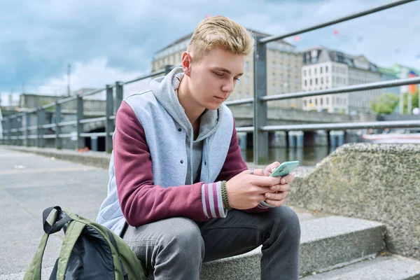 Serious Confident Guy College Student Using Smart Phone Sitting City — Stock Photo, Image