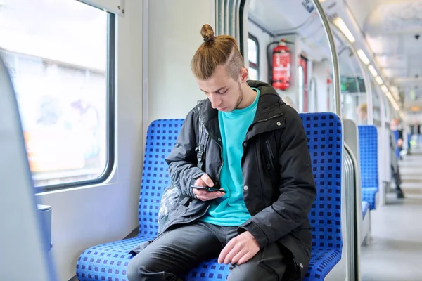 Young Male Passenger Sitting Electric City Commuter Train Guy Student — Stock Photo, Image
