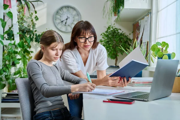 Mother Helping Preteen Daughter Study Looking Laptop Computer Desk Together — Stock Photo, Image
