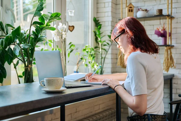 Teenage Female Student Using Laptop Computer Typing Writing Notebook Sitting — Stock Photo, Image