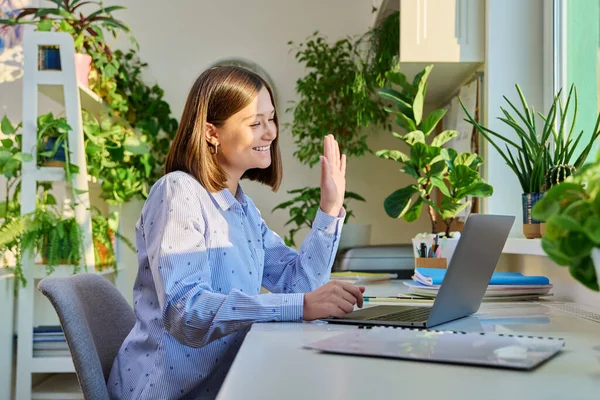 Female Student Waving Hand Computer Laptop Screen Having Video Lesson — Stock Photo, Image