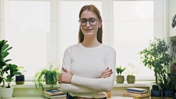 Portrait Confident Teen Girl Glasses Looking Camera Home Posing Smiling — Stock Video