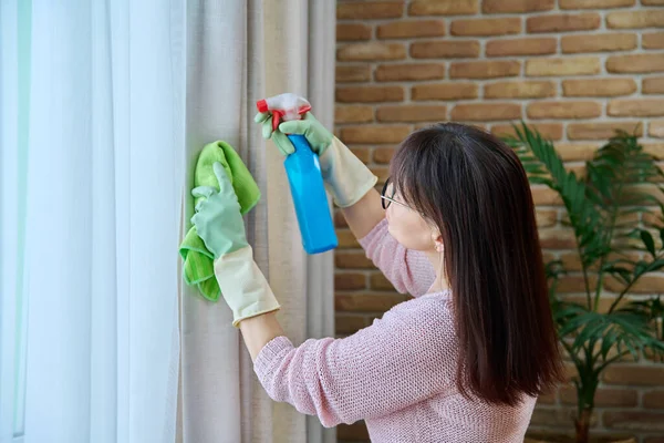 Close Woman Gloves Cleaning Curtains Special Professional Product Spray Bottle — Stock Photo, Image