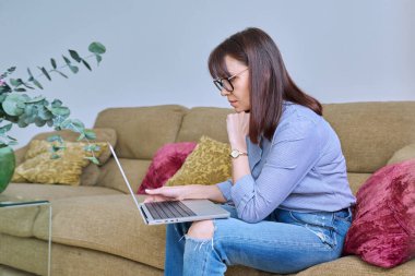 Orta yaşlı bir kadın oturma odasında kanepede oturmuş dizüstü bilgisayarının klavyesini daktilo ediyor. Ciddi olgun bir kadın, bilgisayar kullanıyor. İş yeri iletişim sosyal medya blogu. İnternet teknolojisi kullanıcıları serbest çalışıyor.