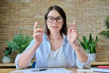 Web kamera görüntüsü, gülümseyen genç bir kadın video blogu kaydeden webcam 'e bakıyor. Çevrimiçi danışmanlık görüntülü konferans sohbet görüşmesi ile uzaktan çalışıyor. Kadın iş koçu, eğitim danışmanı.