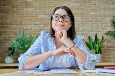 Web kamera görüntüsü, gülümseyen genç bir kadın video blogu kaydeden webcam 'e bakıyor. Çevrimiçi danışmanlık görüntülü konferans sohbet görüşmesi ile uzaktan çalışıyor. Kadın işletme koçu, eğitici.