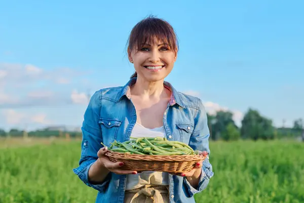 stock image Smiling woman farmer, gardener with basket of green asparagus beans in vegetable garden, nature field background. Natural organic eco diet vegetarian vitamin food, nutrition, healthy cooking lifestyle