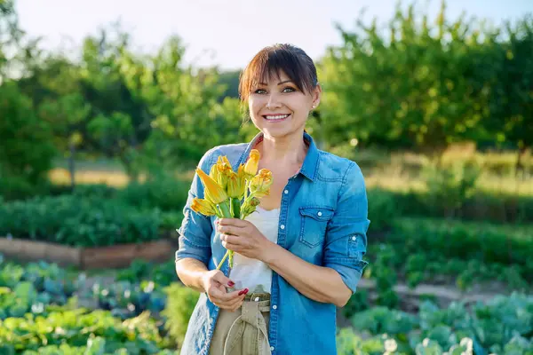 Portrait of middle age woman gardener farmer with harvest yellow zucchini flowers, smiling looking at camera, summer season in vegetable garden. Healthy organic food, agriculture people