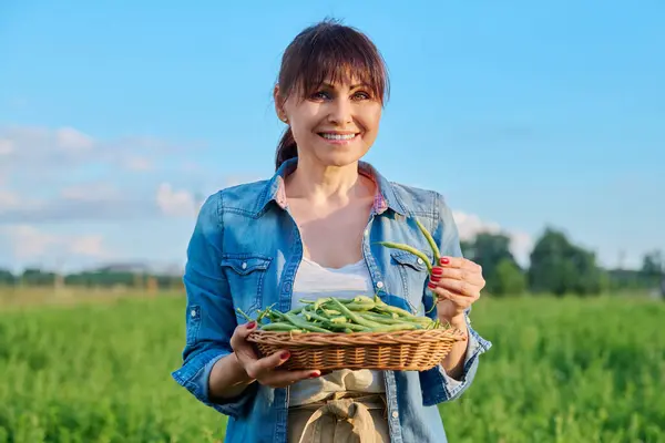 Gülümseyen Kadın Çiftçi Sebze Bahçesinde Bir Sepet Yeşil Kuşkonmaz Taşıyan — Stok fotoğraf