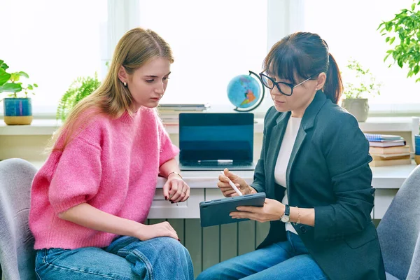 Psychologist Social Worker Behavior Counselor Talking Teenage Girl Student Using — Stock Photo, Image