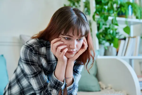 Upset Sad Lonely Young Woman Sitting Couch Home Disappointed Female — Stock Photo, Image