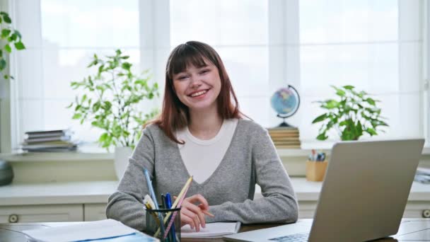 Young Happy Female College Student Studying Home Desk Using Computer — Stock Video
