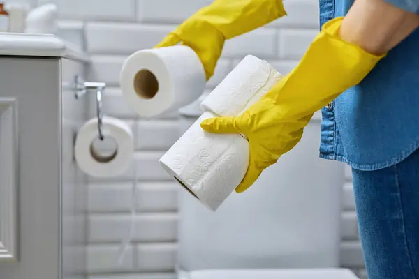 Close Tubes Toilet Paper Hands Toilet Room Interior — Stock Photo, Image
