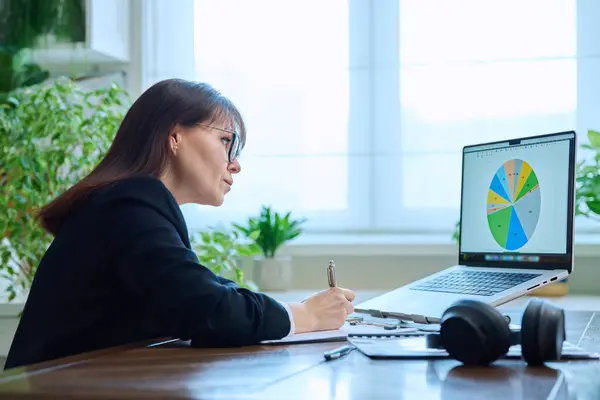成熟而认真的女商人在一家计算机公司工作 工作场所金融家领导 企业家 以中年女性为重点 看带有图表的笔记本电脑屏幕 营销管理 — 图库照片