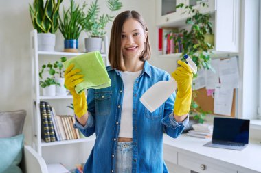 Genç bir kadın ev temizliği yapıyor, temizlik deterjanı spreyi ve oda içinde bez parçalarıyla eldiven giyiyor. Rutin ev temizliği, temizlik, ev işi, temizlik, ev işleri, ev işleri, yaşam tarzı