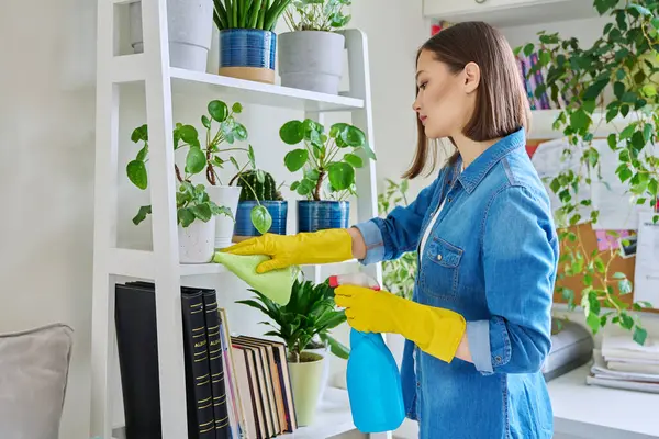 Young Woman Doing House Cleaning Wiping Dust Wearing Gloves Cleaning — Stock Photo, Image