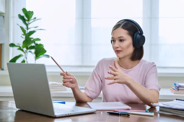 Young Female College University Student Headphones Talking Studying Using Laptop — Stock Photo, Image