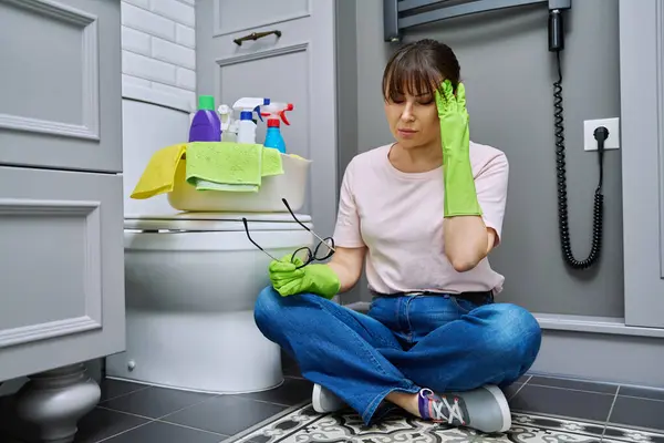Tired Woman Sitting Floor Cleaning Bathroom Toilet Routine House Cleaning Stock Photo