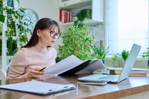 Woman Working Remotely Home Office Workplace Computer Female Professional Holding — Stock Photo, Image