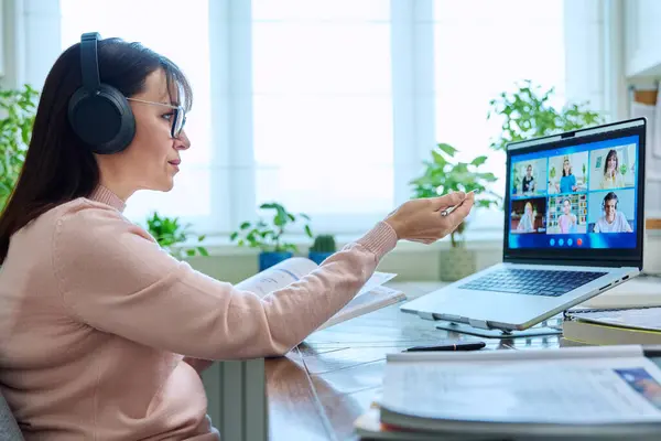 Woman Teacher Headphones Teaching Online High School Students Laptop Computer Stock Photo