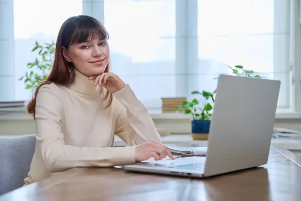 Young Female College Student Studying Home Desk Using Computer Laptop Stock Image