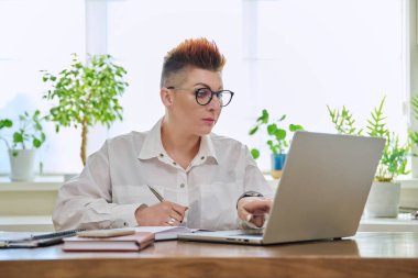 Merkez ofisteki bilgisayar bilgisayarında çalışan orta yaşlı ciddi bir kadın. Olgun bir kadın masada oturuyor, yazı yazıyor ve monitöre bakıyor. Uzak iş, öğretim, iş, blog, serbest