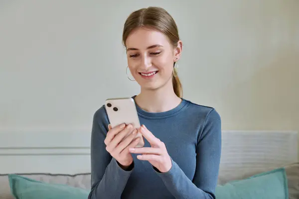 Happy Smiling Female Teenager Using Smartphone Sitting Couch Home Girl — Stock Photo, Image