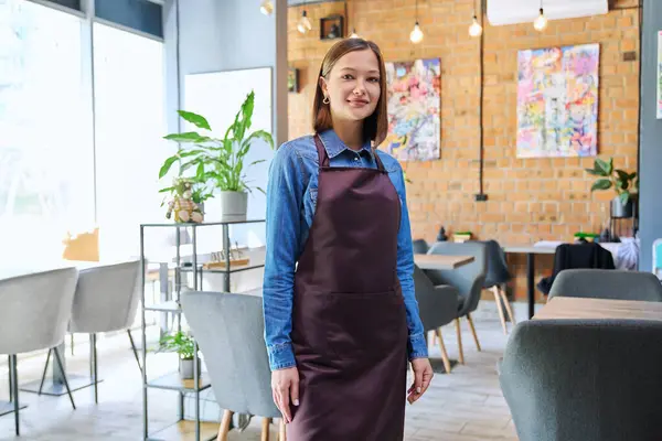 Attractive Successful Young Woman Service Worker Business Owner Apron Looking — Stock Photo, Image