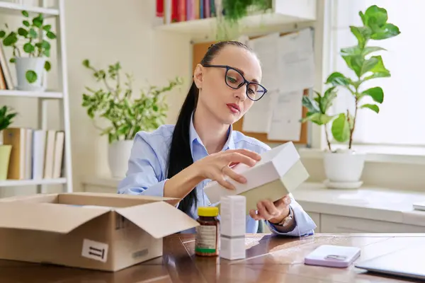 Satisfied Female Customer Buyer Sitting Home Unpacking Cardboard Box Online — Stock Photo, Image
