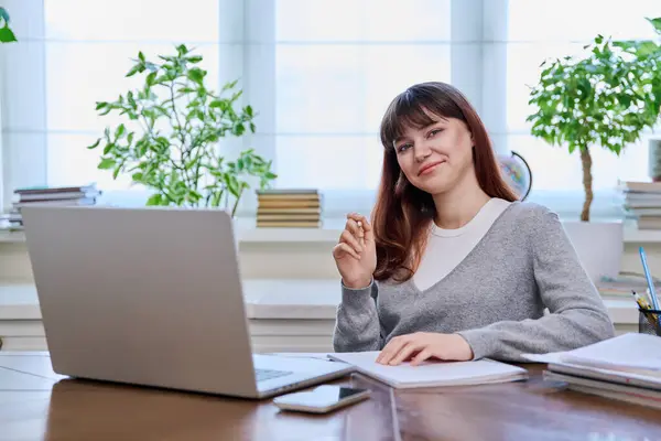 Young Female College Student Studying Home Desk Using Computer Laptop Royalty Free Stock Images
