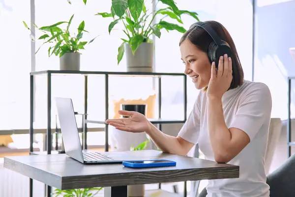 Young Woman Headphones Having Work Video Chat Conference Call Using Stock Picture