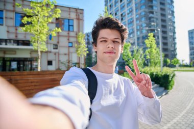 Selfie portrait of young happy handsome man with curly hair, guy university college student hand showing victory gesture, outdoor. Youth, urban style, 19,20 years male, lifestyle concept clipart