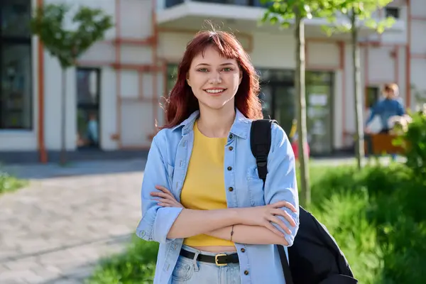Portrait Young Beautiful Female College Student Outdoor Smiling Red Haired Stok Foto