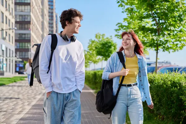 Talking Walking Friends Guy Girl University College Students Walking Together Stok Gambar Bebas Royalti