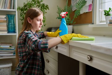 Genç bir kadın temizlik odasında, sprey ve bezle toz alıyor. Temizlik, temizlik, rutin, özel organik temizlik ürünleri konsepti
