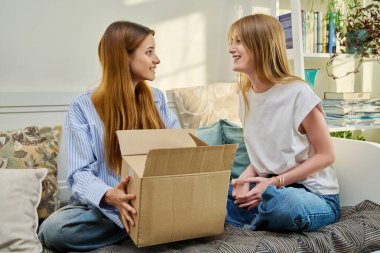 İki genç bayan ellerinde karton kutuyla bir internet mağazasından online alışveriş yapıyor ve evinde, kanepede oturuyor. Çevrimiçi alışveriş, posta dağıtımı, İnternet teknolojileri