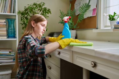 Genç bir kadın temizlik odasında, sprey ve bezle toz alıyor. Temizlik, temizlik, rutin, özel organik temizlik ürünleri konsepti